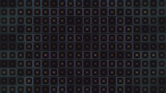 Abstract geometric grid pattern with glowing orange squares and subtle chromatic aberration