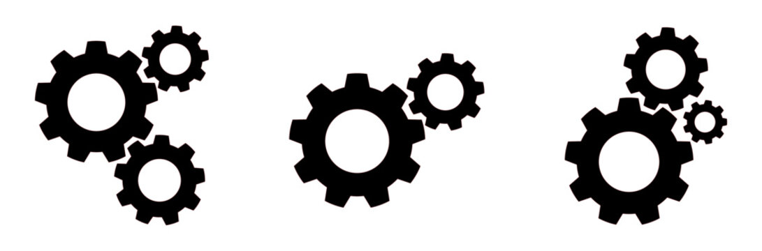 Black gear combination with multiple cogwheels interlocking together, minimalist vector on transparent background. Perfect for teamwork, system, and engineering process design.