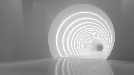 Fototapeta premium A modern circular tunnel illuminated by soft white lights, creating an ethereal and futuristic ambiance.