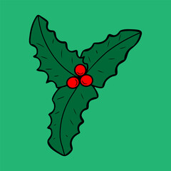 Green holly leaves with red berries. Hand drawn color flat vector. Merry Christmas greeting card. Plant nature. Tradition holiday. Fun celebration. Illustration doodle line art.