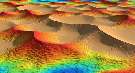 Vibrant Abstract Digital Dunes Dynamic Flowing Landscape Visualization with Heatmap Color Gradient. Modern Scientific Rendering Illustrating Elevated Terrain and Contours