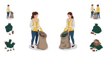 Eco-friendly workers collecting waste in recycling initiative flat design