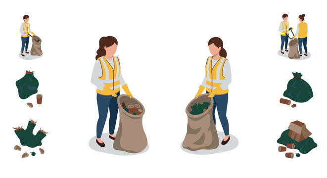 Eco-friendly workers collecting waste in recycling initiative flat design