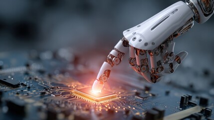 A robotic hand delicately interacts with a circuit board, showcasing advanced technology and innovation.
