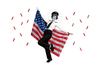 Composite collage image of cute soldier girl hold flag national independence america day fourth july concept fantasy billboard comics zine