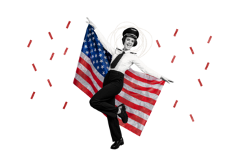 Composite collage image of cute soldier girl hold flag national independence america day fourth july concept fantasy billboard comics zine