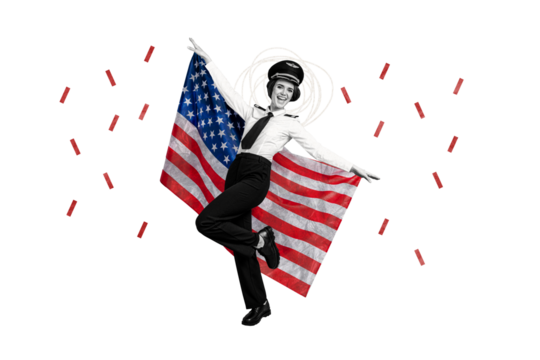Composite collage image of cute soldier girl hold flag national independence america day fourth july concept fantasy billboard comics zine