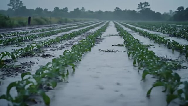Waterlogged field with rows of young plants after heavy rain, overcast, gloomy day
