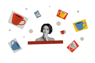 Composite trend artwork sketch collage of silhouette half face young lady portrait think office manager different coffee cup drink fly