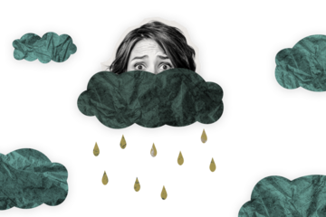 Composite photo collage of upset frightened girl half face peek cloud bad weather rain drop autumn forecast isolated on painted background