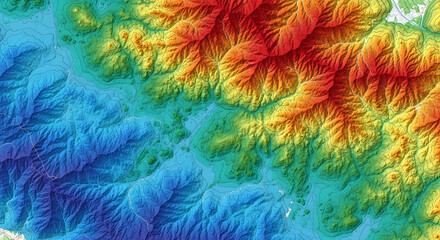 Scientific visualization of a digital elevation model showing the complex topography of a mountainous region with a vibrant color gradient