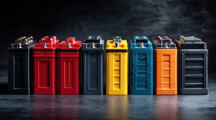A vibrant display of colorful battery packs arranged in a row, showcasing innovation in energy solutions.