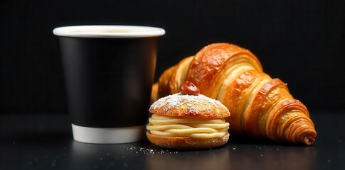 A warm beverage sits beside a flaky pastry and a delightful layered confection dusted with fine sugar