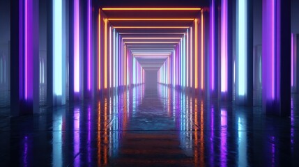 A vibrant, illuminated corridor showcasing futuristic neon lights and reflections on wet surfaces.