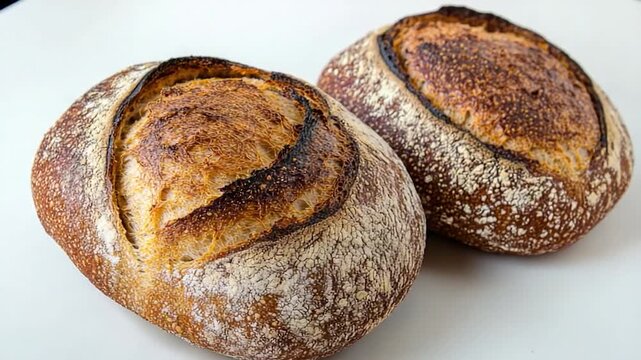 Two loaves of bread sit on a table, ready for use or decoration