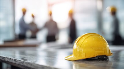 A yellow hard hat on a table with blurred figures in the background representing teamwork and construction.