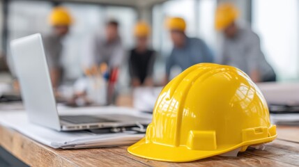 A yellow construction helmet rests on a table alongside a laptop, symbolizing safety and teamwork in the workplace.
