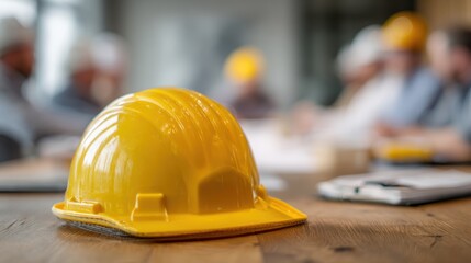 A yellow hard hat on a table with blurred workers in the background, symbolizing teamwork and safety in construction.