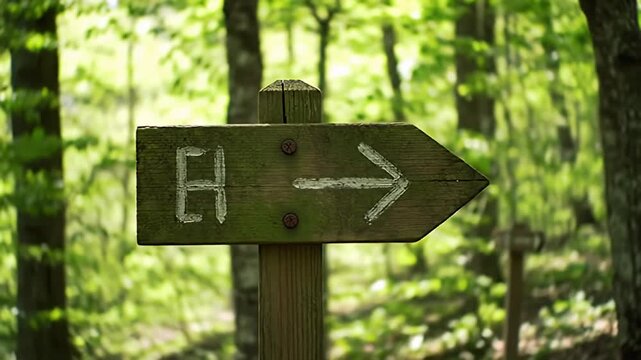 Weathered wooden trail sign with a painted "H" and arrow, in a lush green forest