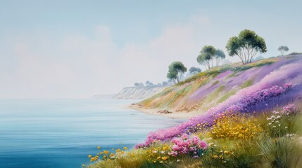 A picturesque seaside landscape unfolds, where vibrant lavender flowers cascade down a gentle hillside towards the tranquil expanse of the sea.