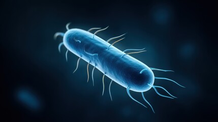 An intricately detailed, realistic illustration showcases a singular bacterium, rendered in vibrant blue hues, set against a dark, diffused background, offering a view of unseen microscopic world.