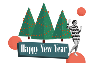 Composite trend artwork sketch image photo collage of winter holiday merry christmas new year decor eve tree young lady hi gesture hand