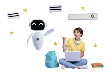 Composite trend artwork 3D sketch collage of robot assistant artificial intellect young lady stand finger hand up pose speech cloud search