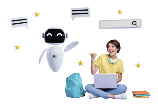 Composite trend artwork 3D sketch collage of robot assistant artificial intellect young lady stand finger hand up pose speech cloud search