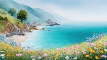 A vibrant landscape featuring rolling hills, a turquoise sea, a golden beach, and blooming wildflowers under a soft, dreamy sky. 