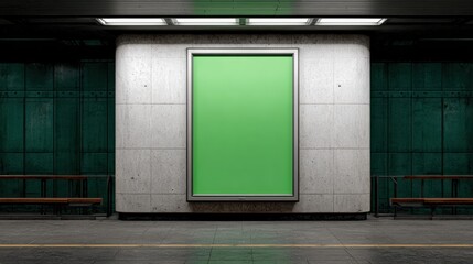 An empty subway station feature with a green billboard and minimalist design, perfect for advertising and design projects.