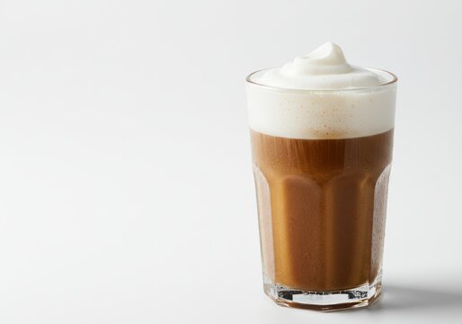 Creamy Coffee Latte with Foamy Top in Clear Glass on White Background