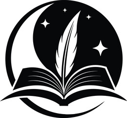 Open Book, Quill Pen, Moon, and Stars Logo Emblem