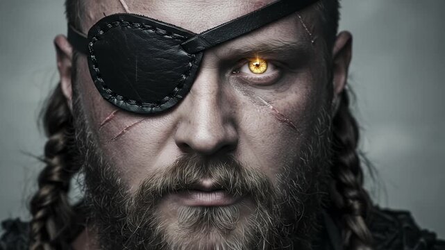 Realistic Viking Warrior Portrait Intense Gaze Glowing Eye Black Patch