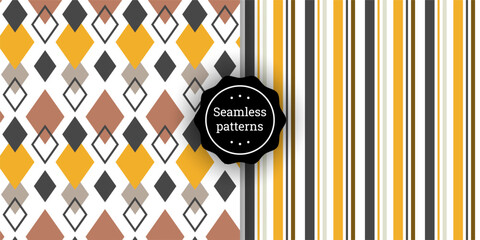 Set of seamless geometric patterns with diamonds and stripes in warm earthy tones. Repeating abstract backgrounds for fabrics, wallpaper, wrapping paper, textile prints, and digital design.