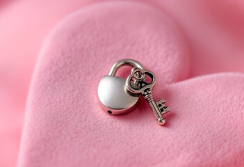 Close-up of a silver padlock and key on a soft pink fabric background