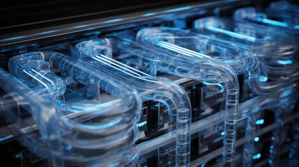 Close-up of transparent tubes in a modern cooling system, showcasing advanced engineering and innovation.