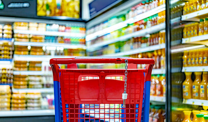 A shopping cart by a store shelf in a supermarket