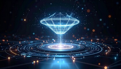 Digital communication in the year 2100 — abstract mesh of holographic symbols and signals around a levitating device, surrounded by floating geometric patterns”