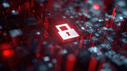 Digital security concept with a glowing red padlock on a circuit board background representing encryption and safety.