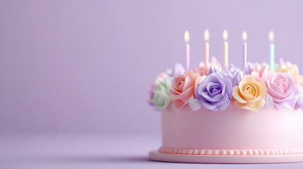 A beautifully adorned birthday cake, topped with glowing candles, rests gently. Capturing a sense of warmth, occasion, celebration and pure delight.