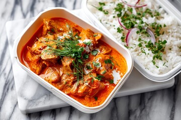 Macro view photography of a juicy chicken tikka masala in a bento box in white marble background