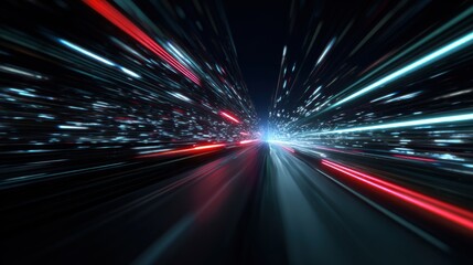 Dynamic city scene with blurred lights and motion, showcasing high-speed travel through urban environments.