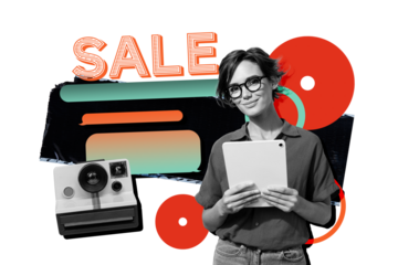 Composite trend artwork sketch collage of young lady student eyewear hold epad sale banner black friday shopping customer polaroid photo