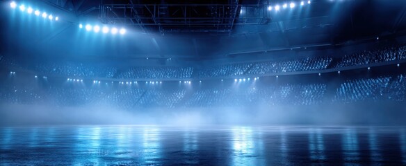 The Stadium Under Blue Spotlights With Foggy Reflective Floor and Empty Seats