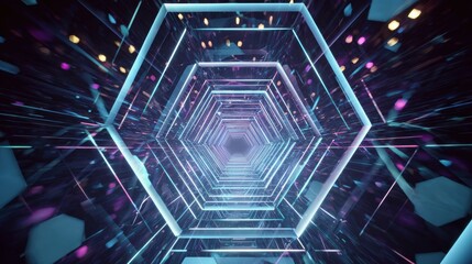 Futuristic hexagonal tunnel with glowing neon lights and a vibrant digital atmosphere, perfect for tech-themed visuals.