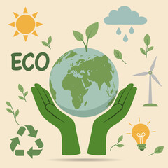 Eco-friendly illustration showing green hands holding the Earth with renewable energy icons, recycling symbol, and growing plants. Perfect for promoting sustainability and environmental awareness