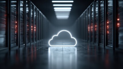 Futuristic server room with illuminated cloud symbol representing data storage and cloud computing.