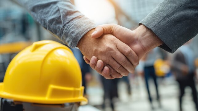 Handshake between two professionals, symbolizing trust and collaboration in a construction environment.