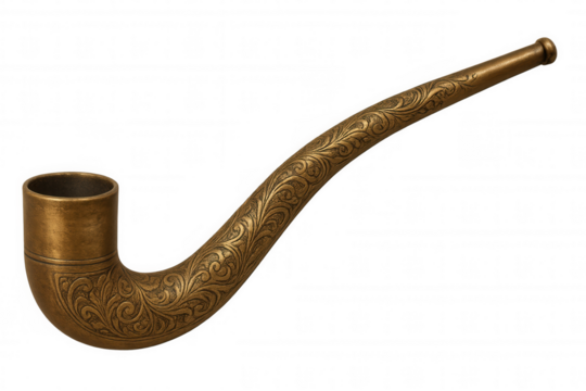 Ornate golden antique smoking pipe for tobacco with decorative engravings, vintage accessory, transparent background