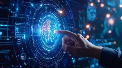 Glowing brain hologram touched by a hand, with neon-blue tech interface - Powered by Adobe